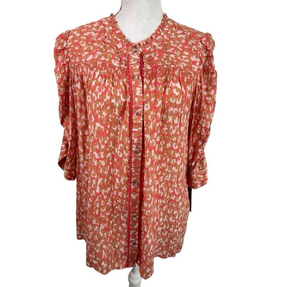 Democracy Women's XL 3/4 Puff Sleeve Blouse Orange Beige Abstract NWT - Picture 1 of 15